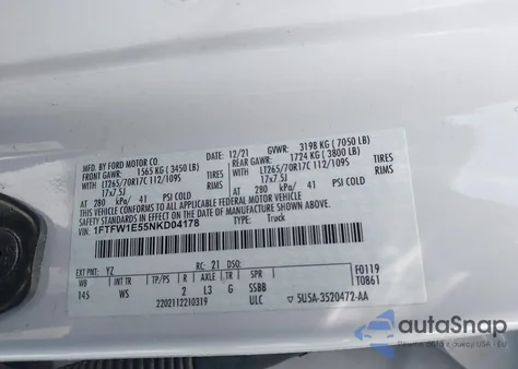 2022 Ford F-150 Xl z USA, uszkodzony, nr VIN 1FTFW1E55NKD04178